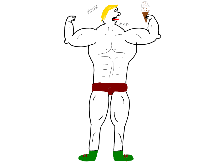 Muscle man's arms are to too buff to reach his ice cream